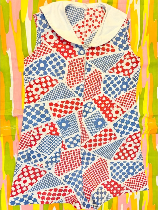 Vintage Pants - 60s Vintage Red, Blue & White Patchwork Floral Romper